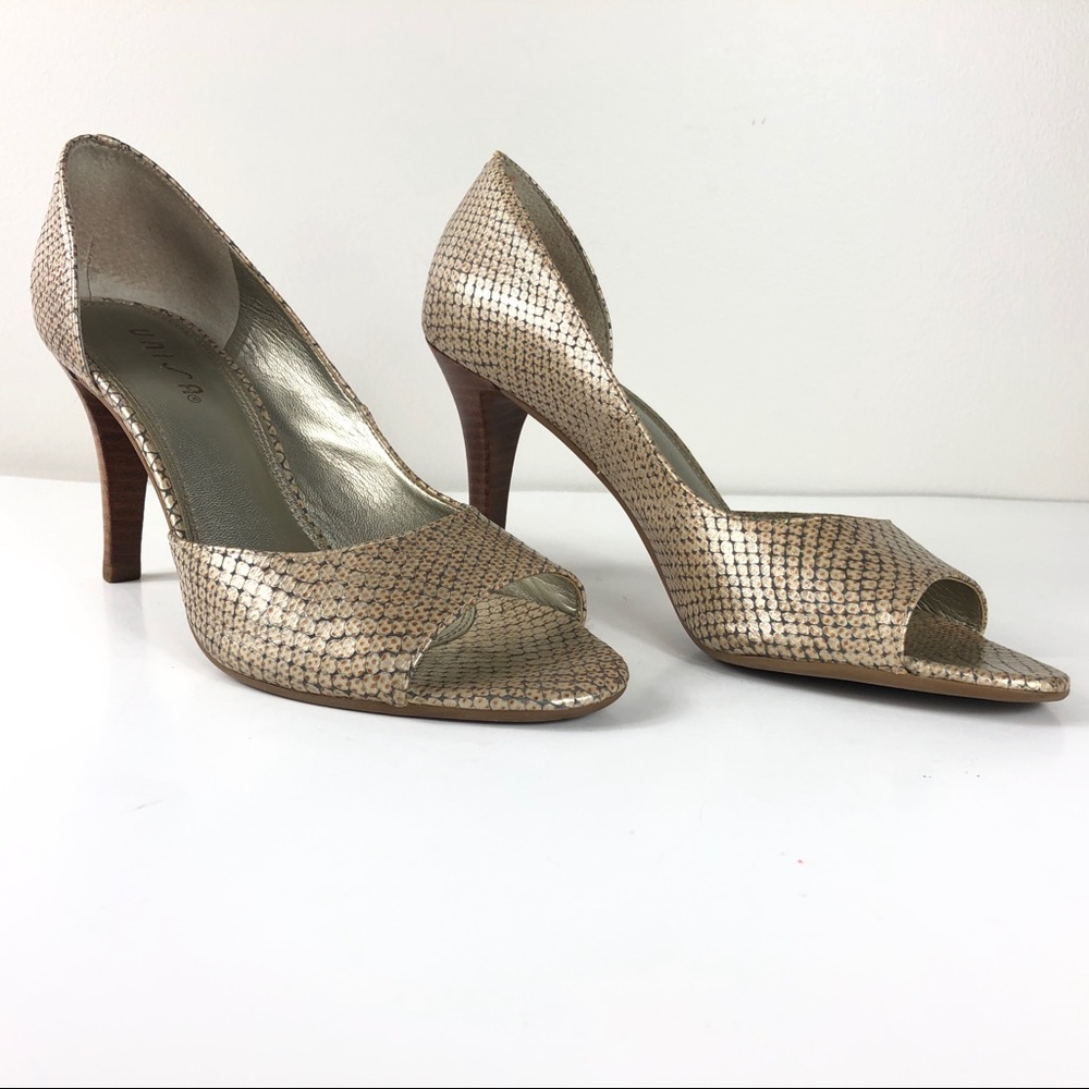 Metallic Leather Snakeskin d’Orsay Peep Toe Pumps